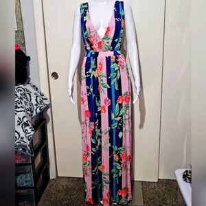 Express Blue Pink floral Striped Criss-Cross back Maxi Dress Size Medium